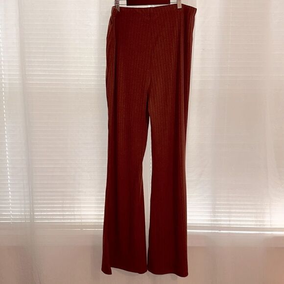 F21+ 2X Rust Brown Ribbed Knit Wide Leg Pants - Picture 2 of 8